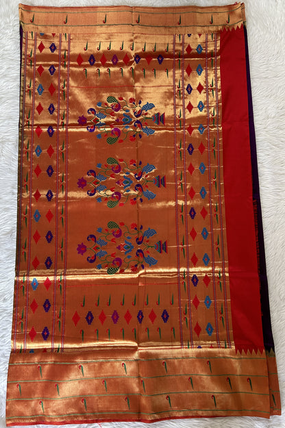 Paithani Silk Saree Purple Colored Saree Complemented With a Orange Colored Muniya Border - Sampradaya Designer Studio