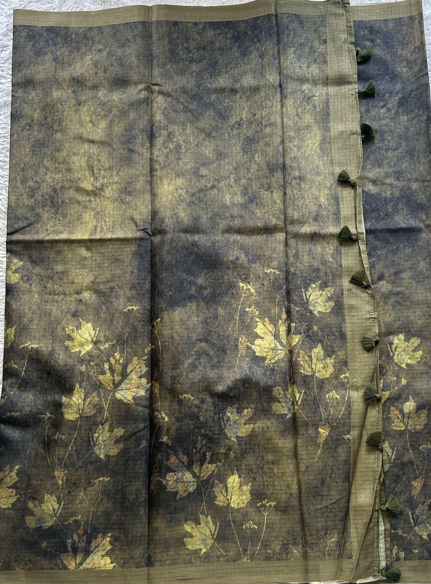 Semi Tussar Saree Mehendi Colored Elegantly Paired with a Borderless. - Sampradaya Designer Studio