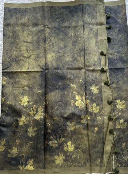Semi Tussar Saree Mehendi Colored Elegantly Paired with a Borderless. - Sampradaya Designer Studio