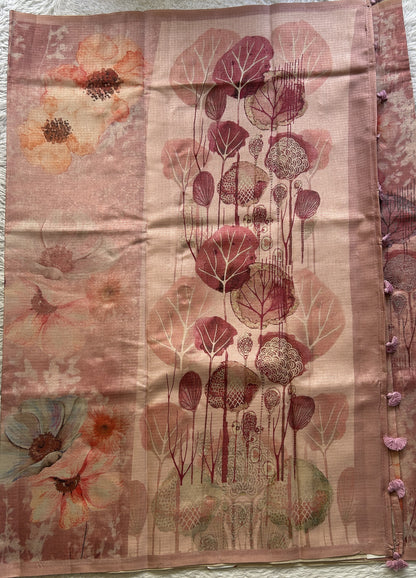 Semi Tussar Saree Pastel Peach Colored Elegantly Paired with a Borderless. - Sampradaya Designer Studio