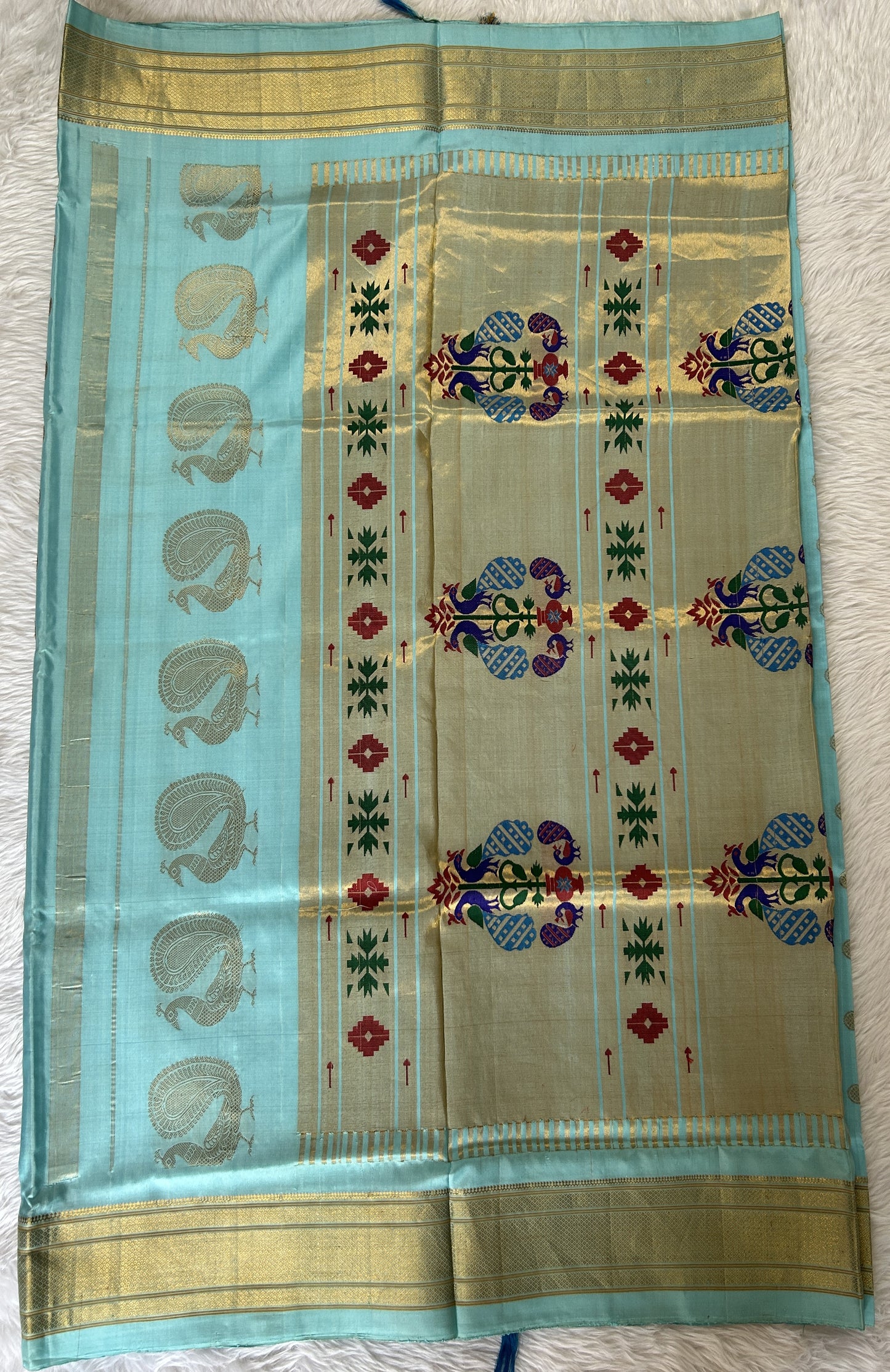 Paithani Silk Saree Sky Blue Colored Saree Complemented With a Irkal Border - Sampradaya Designer Studio