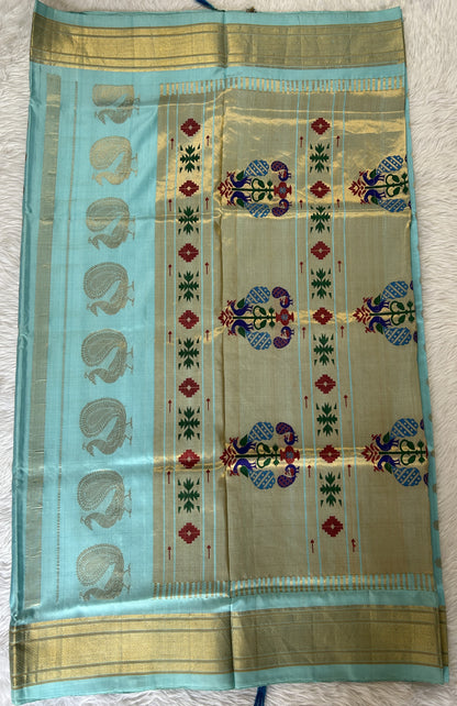 Paithani Silk Saree Sky Blue Colored Saree Complemented With a Irkal Border - Sampradaya Designer Studio