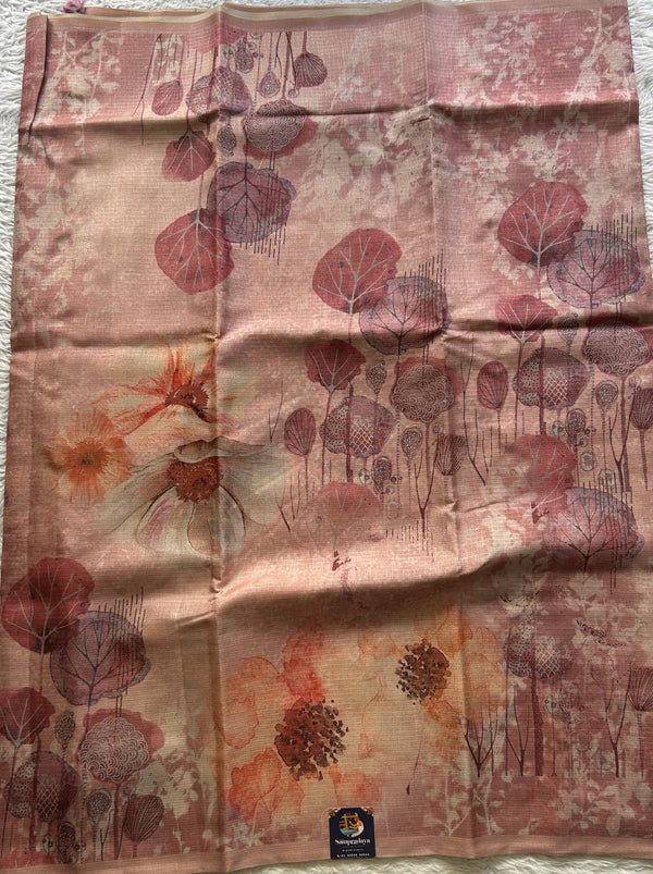 Semi Tussar Saree Pastel Peach Colored Elegantly Paired with a Borderless. - Sampradaya Designer Studio