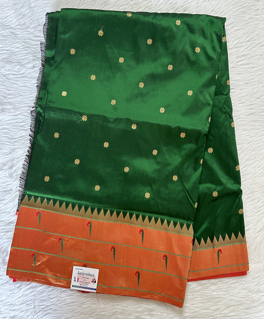 Paithani Silk Saree Bottle Green Colored Saree Complemented With a Dark Orange Colored Muniya Border - Sampradaya Designer Studio