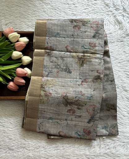 Semi Tussar Saree Gray Colored complemented with a Zari Border. - Sampradaya Designer Studio