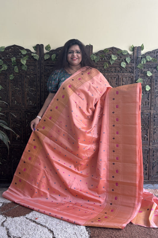 Gadwal Silk Saree Peach Colored Complemented With a Kanchi Border - Sampradaya Designer Studio