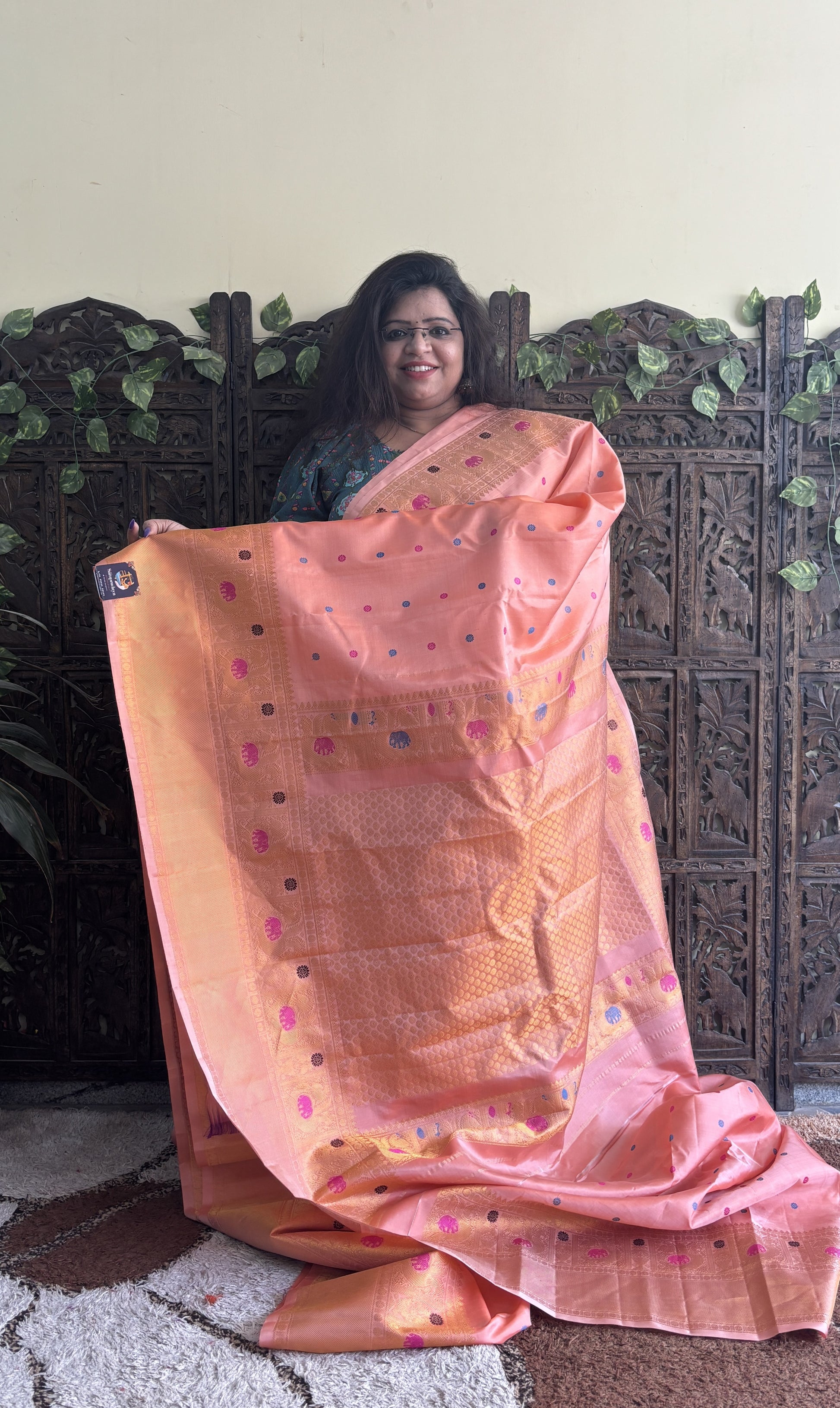 Gadwal Silk Saree Peach Colored Complemented With a Kanchi Border - Sampradaya Designer Studio