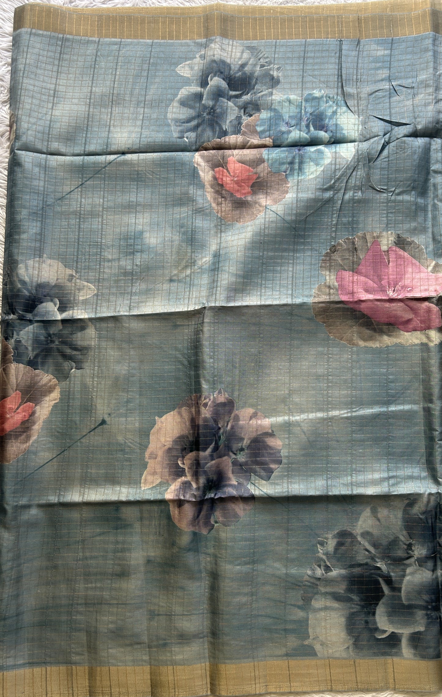 Semi Tussar Saree Colored Aqua Blue Complemented with a Zari Border. - Sampradaya Designer Studio