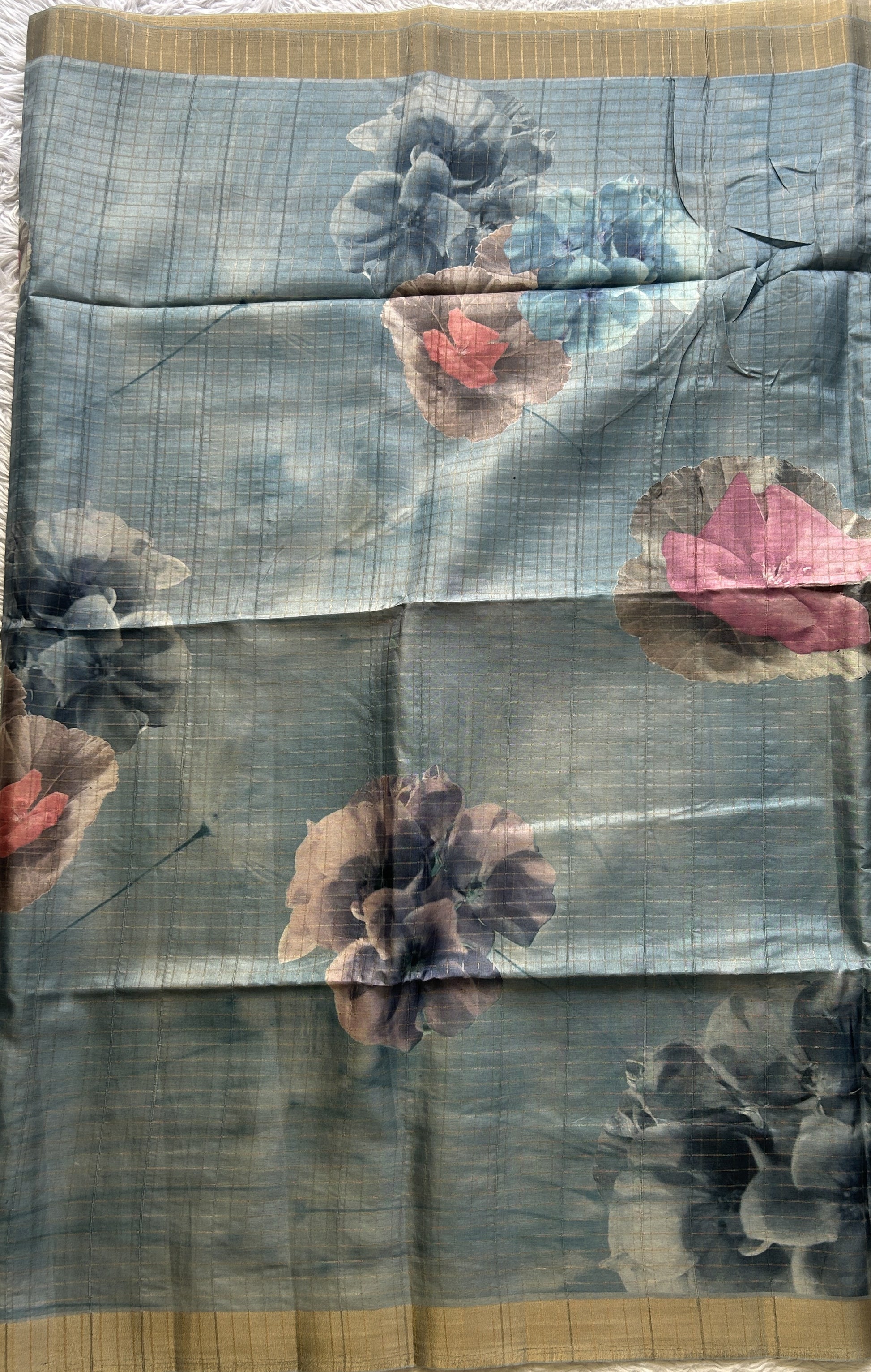 Semi Tussar Saree Colored Aqua Blue Complemented with a Zari Border. - Sampradaya Designer Studio