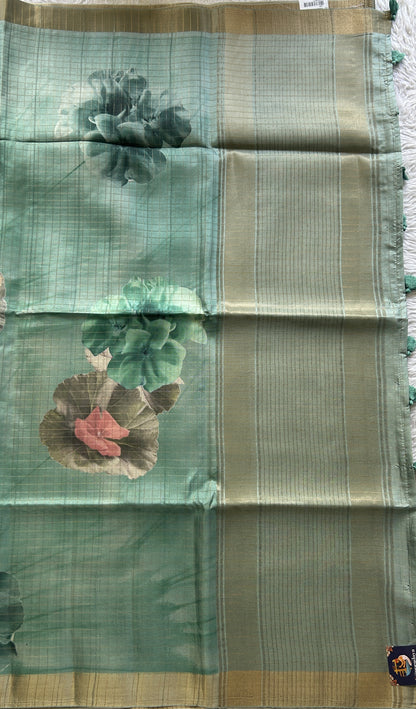 Semi Tussar Saree Colored Sea Blue Complemented with a Zari Border. - Sampradaya Designer Studio