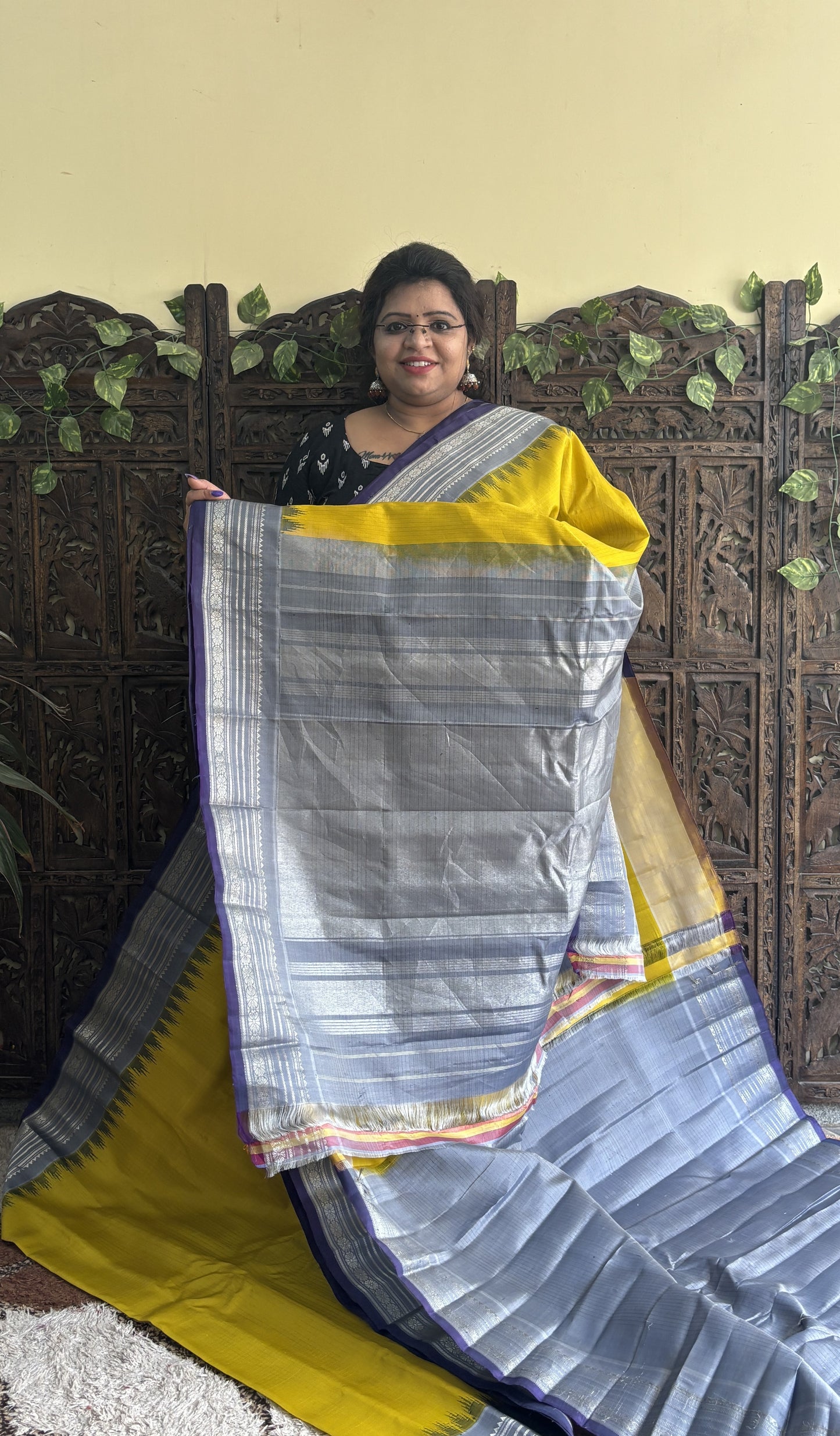 Gadwal Silk Saree Yellow Colored Complemented With a Gray Zari Border - Sampradaya Designer Studio