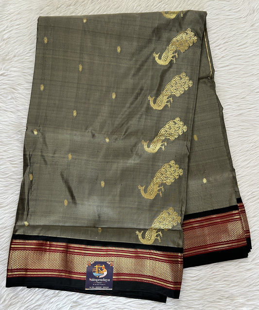 Paithani Silk Saree Gray Colored Complemented With a Black Colored Irkal Border - Sampradaya Designer Studio
