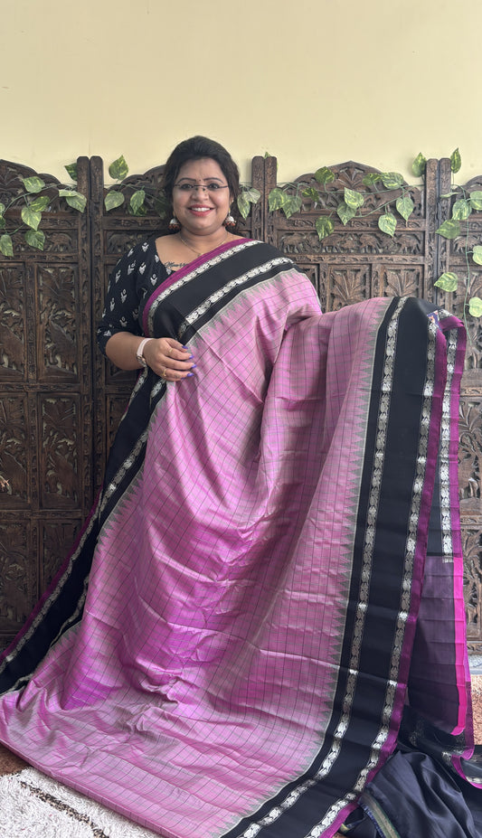 Gadwal Silk Saree Rose Pink Colored Complemented With a Black Zari Gap Border - Sampradaya Designer Studio