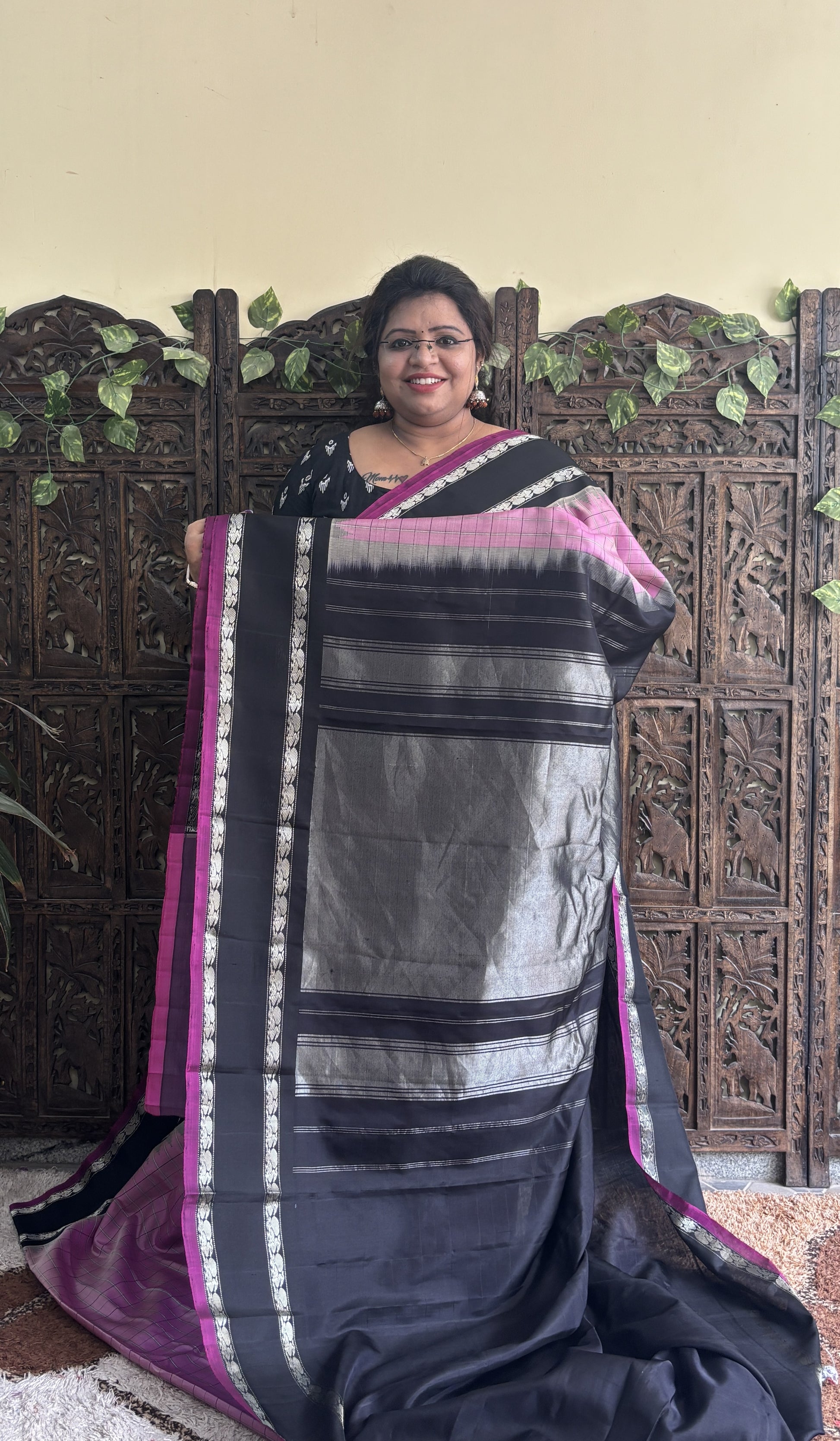 Gadwal Silk Saree Rose Pink Colored Complemented With a Black Zari Gap Border - Sampradaya Designer Studio