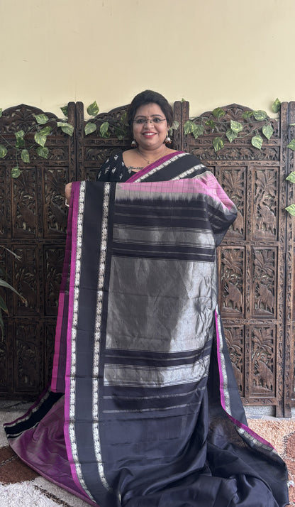 Gadwal Silk Saree Rose Pink Colored Complemented With a Black Zari Gap Border - Sampradaya Designer Studio