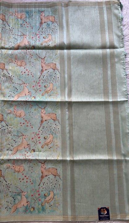 Semi Tussar Saree Colored Light Sea Blue Complemented with a Zari Border. - Sampradaya Designer Studio
