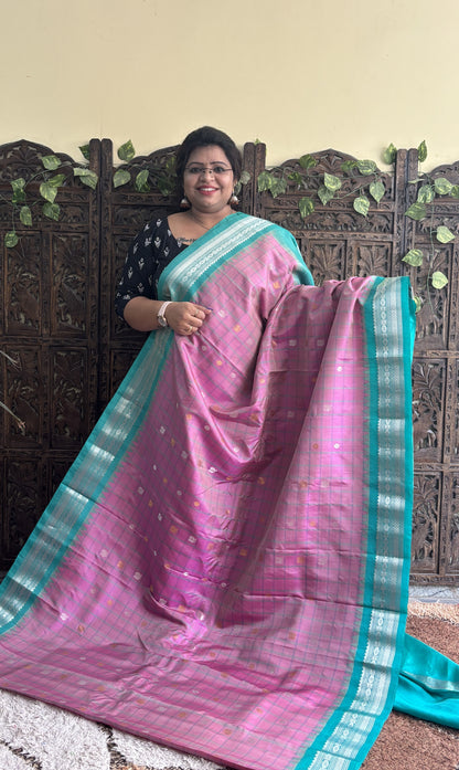 Gadwal Silk Saree Pink Colored Complemented With a Sea Green Zari Border - Sampradaya Designer Studio