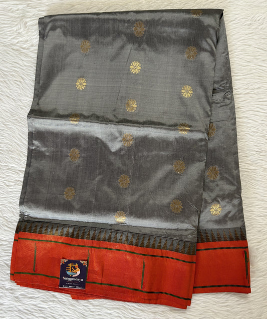 Paithani Silk Saree Gray Colored Complemented With a Orange Colored Muniya Border - Sampradaya Designer Studio