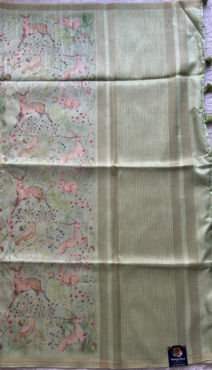 Semi Tussar Saree Colored Light Green Complemented with a Zari Border. - Sampradaya Designer Studio