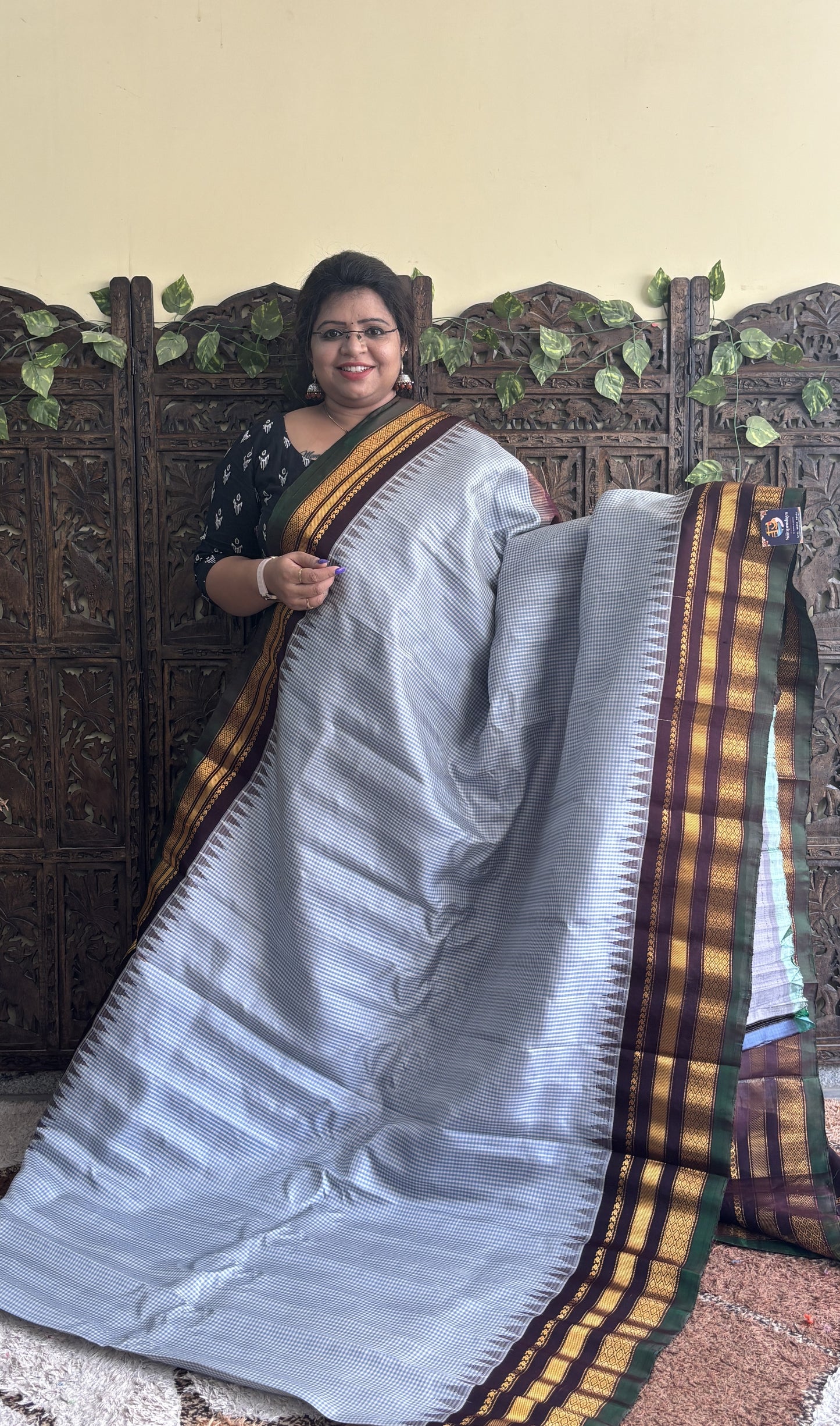 Gadwal Silk Saree Off White Colored Complemented With a Brown Zari Border - Sampradaya Designer Studio