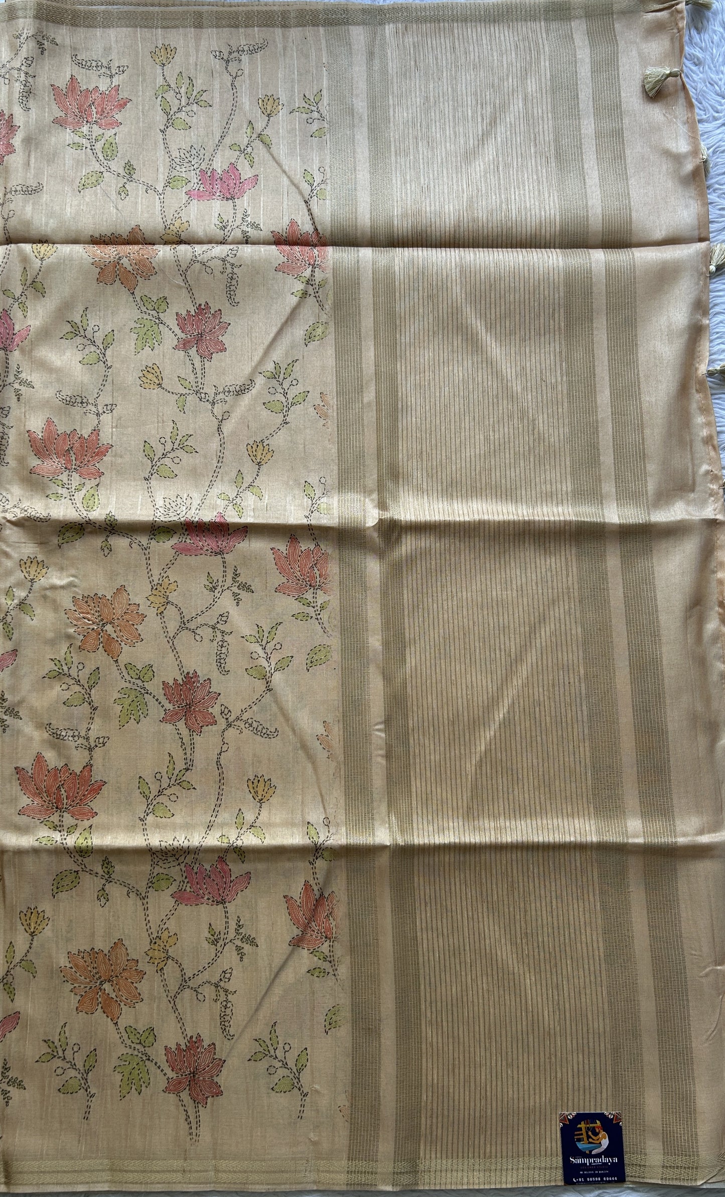 Semi Tussar Saree Sandalwood Colored Complemented with a Zari Border. - Sampradaya Designer Studio