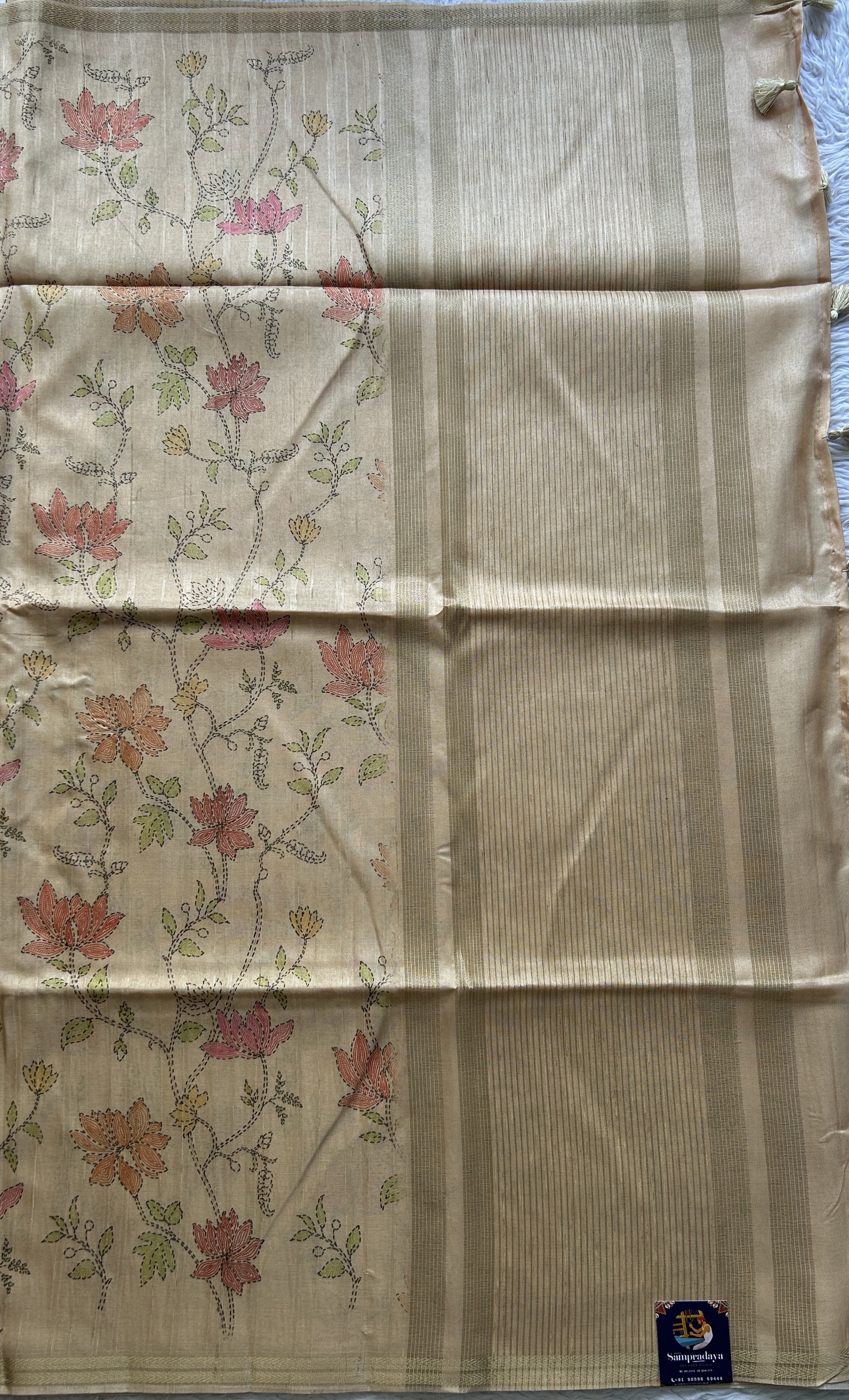 Semi Tussar Saree Sandalwood Colored Complemented with a Zari Border. - Sampradaya Designer Studio