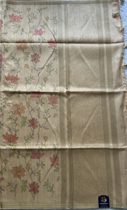 Semi Tussar Saree Sandalwood Colored Complemented with a Zari Border. - Sampradaya Designer Studio