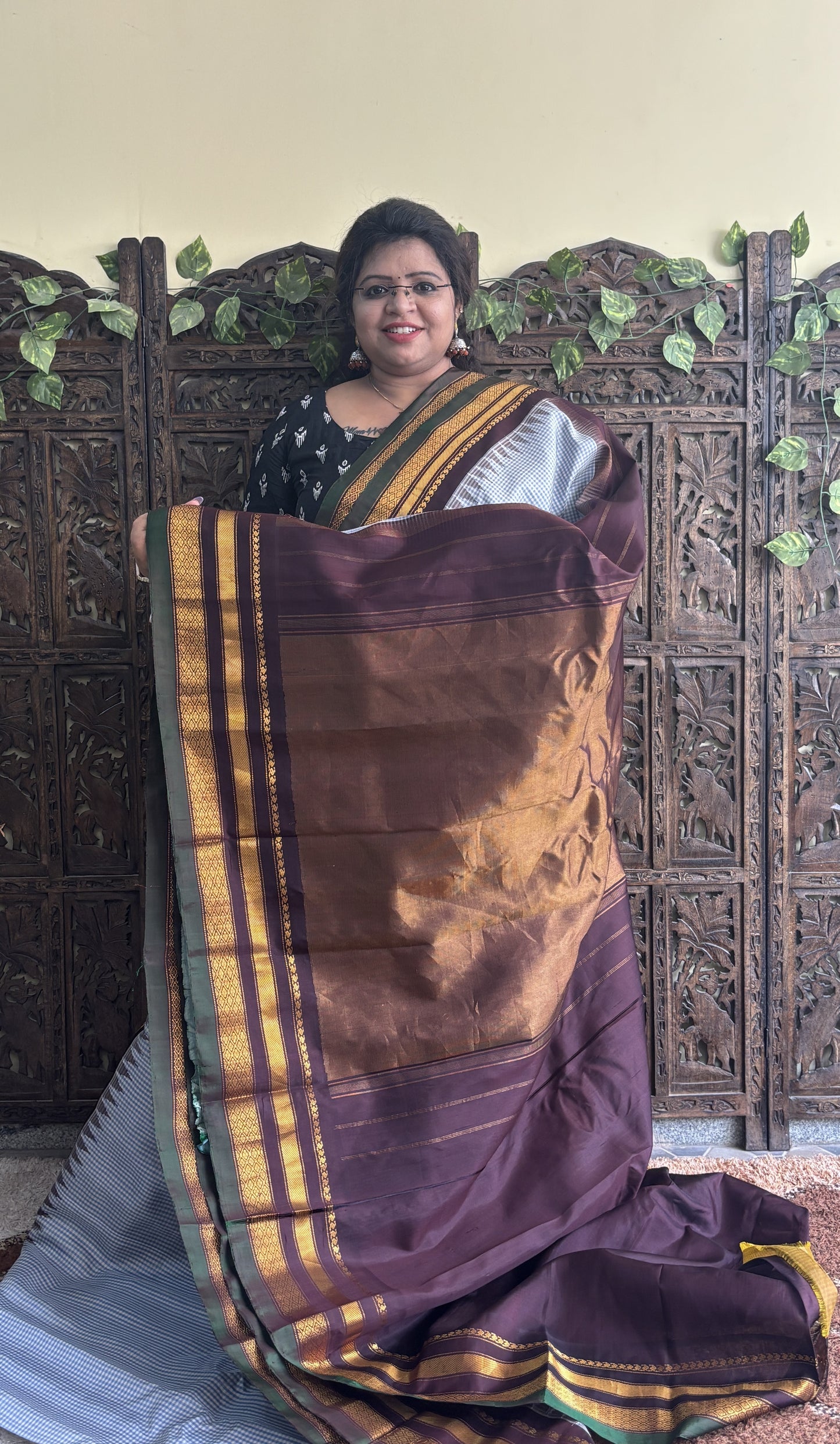Gadwal Silk Saree Off White Colored Complemented With a Brown Zari Border - Sampradaya Designer Studio