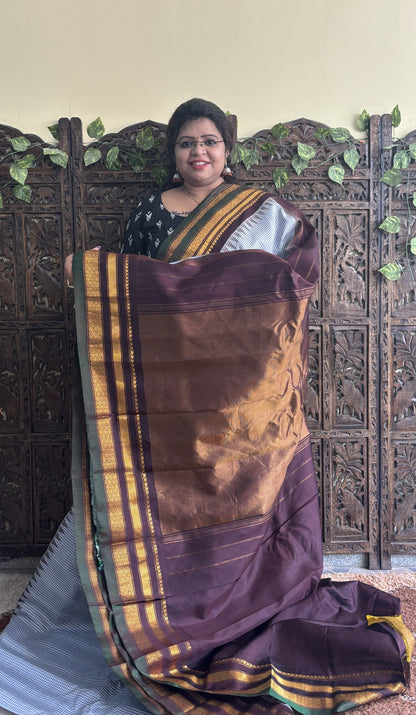 Gadwal Silk Saree Off White Colored Complemented With a Brown Zari Border - Sampradaya Designer Studio