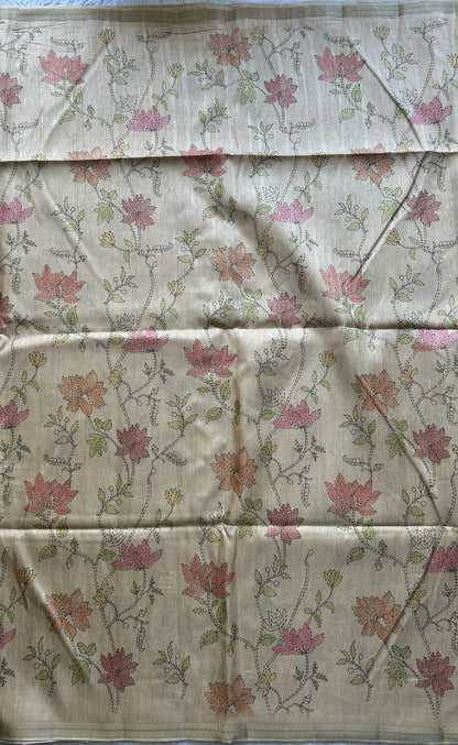 Semi Tussar Saree Sandalwood Colored Complemented with a Zari Border. - Sampradaya Designer Studio