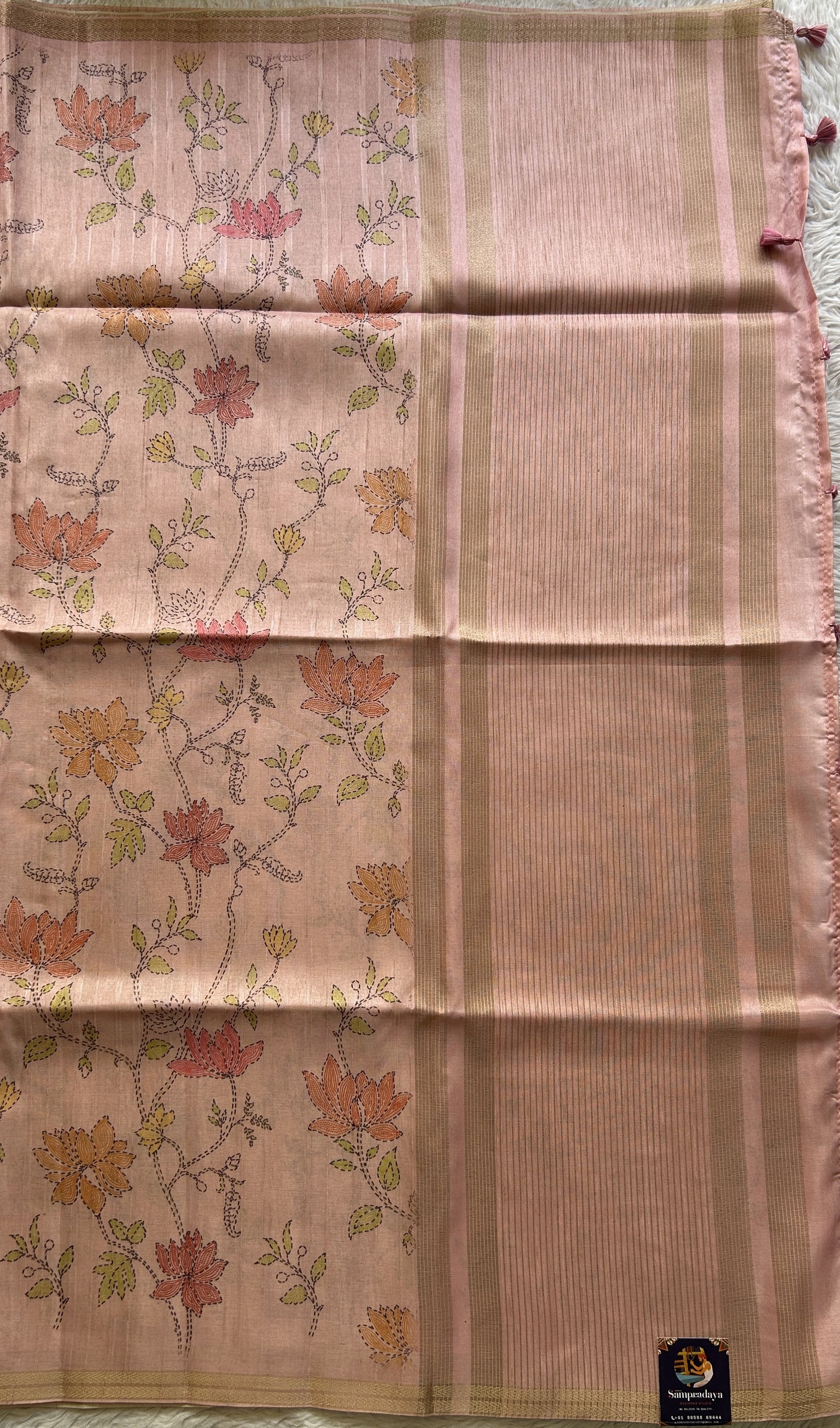 Semi Tussar Saree Colored Baby Pink Complemented with a Zari Border. - Sampradaya Designer Studio