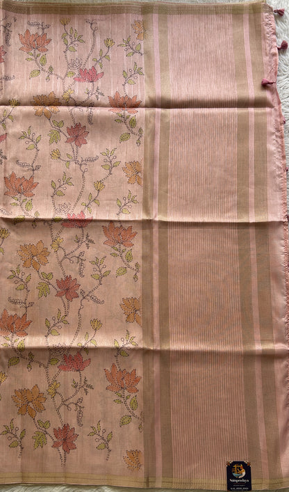 Semi Tussar Saree Colored Baby Pink Complemented with a Zari Border. - Sampradaya Designer Studio