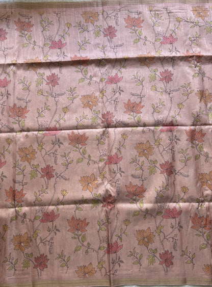 Semi Tussar Saree Colored Baby Pink Complemented with a Zari Border. - Sampradaya Designer Studio