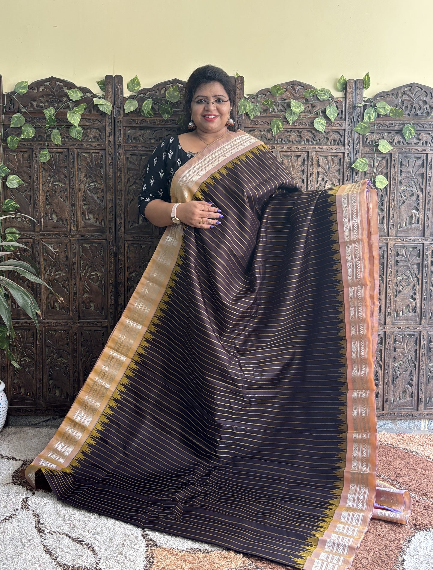 Gadwal Silk Saree Black Colored Complemented With a Light Yellow Zari Border - Sampradaya Designer Studio