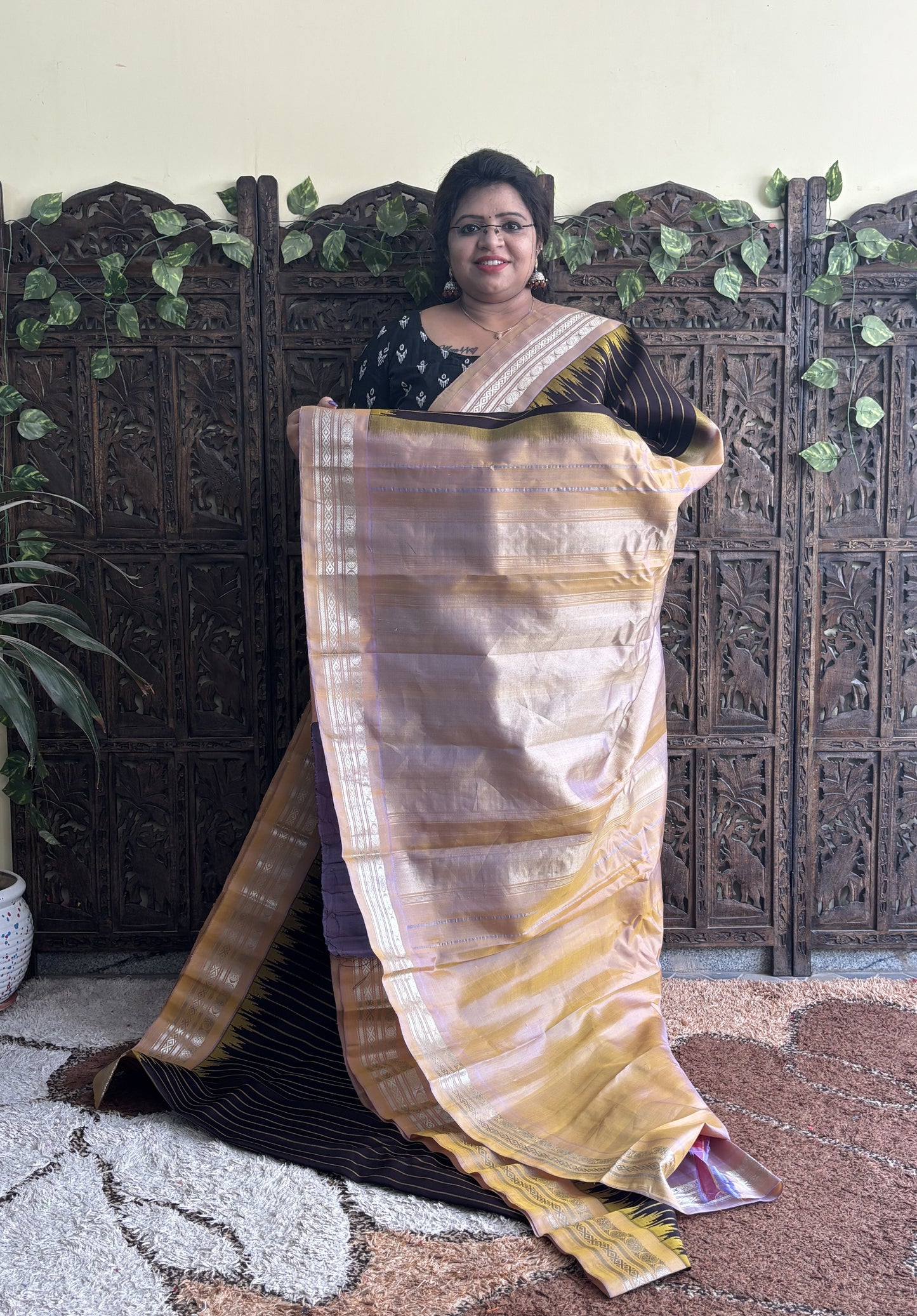 Gadwal Silk Saree Black Colored Complemented With a Light Yellow Zari Border - Sampradaya Designer Studio