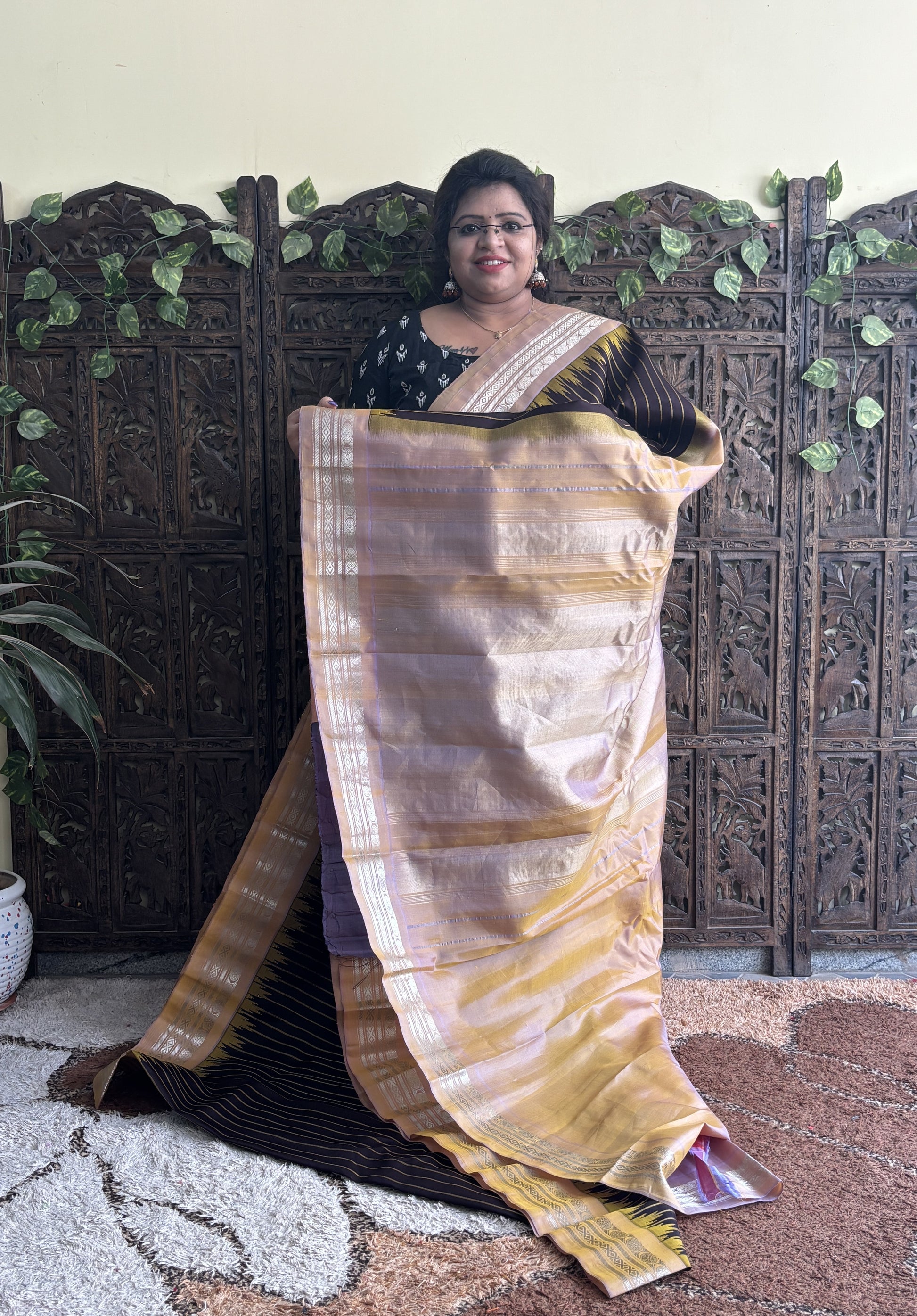 Gadwal Silk Saree Black Colored Complemented With a Light Yellow Zari Border - Sampradaya Designer Studio