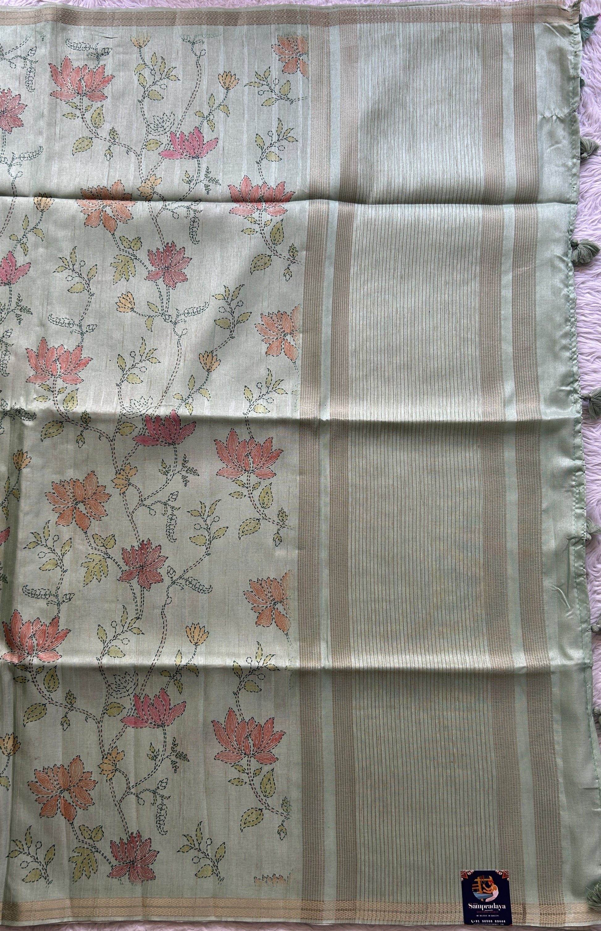 Semi Tussar Saree Colored Light Sea Green Complemented with a Zari Border. - Sampradaya Designer Studio