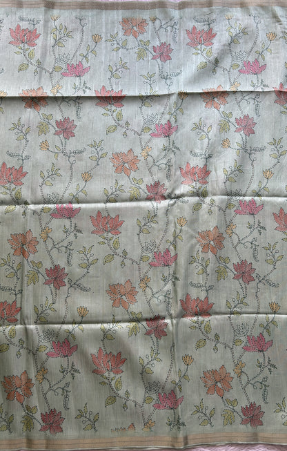 Semi Tussar Saree Colored Light Sea Green Complemented with a Zari Border. - Sampradaya Designer Studio