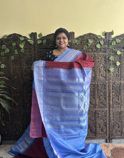 Gadwal Silk Saree Maroon Colored Complemented With a Gray Zari Border - Sampradaya Designer Studio
