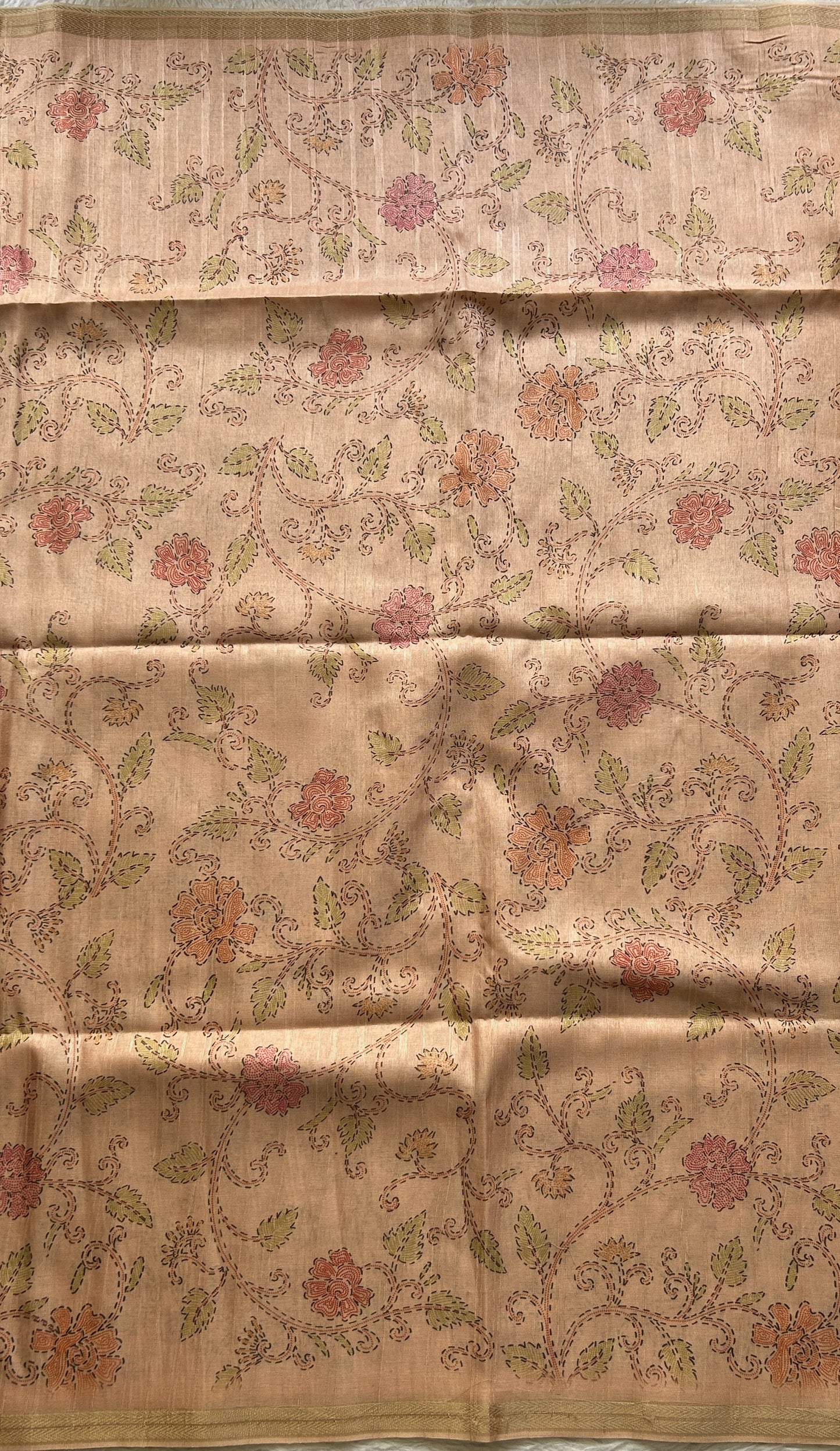 Semi Tussar Saree Colored Pale Orange Complemented with a Zari Border. - Sampradaya Designer Studio