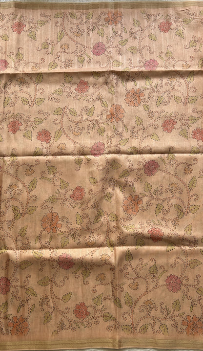 Semi Tussar Saree Colored Pale Orange Complemented with a Zari Border. - Sampradaya Designer Studio