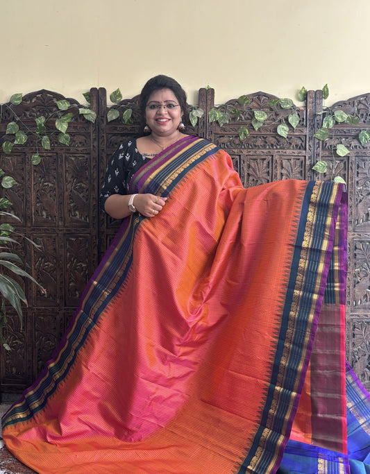 Gadwal Silk Saree Dark Peach Colored Complemented With a Zari Border - Sampradaya Designer Studio
