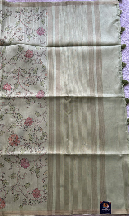 Semi Tussar Saree Colored Parrot Green Complemented with a Zari Border. - Sampradaya Designer Studio