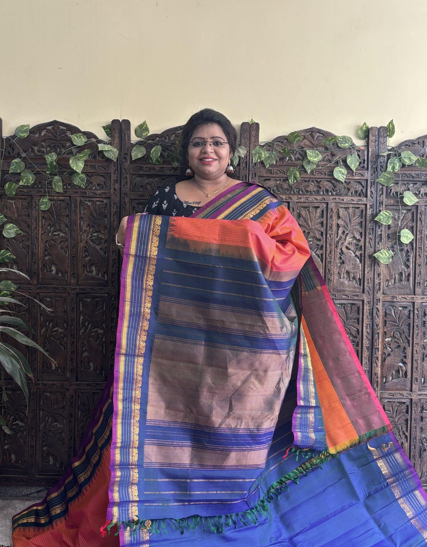 Gadwal Silk Saree Dark Peach Colored Complemented With a Zari Border - Sampradaya Designer Studio