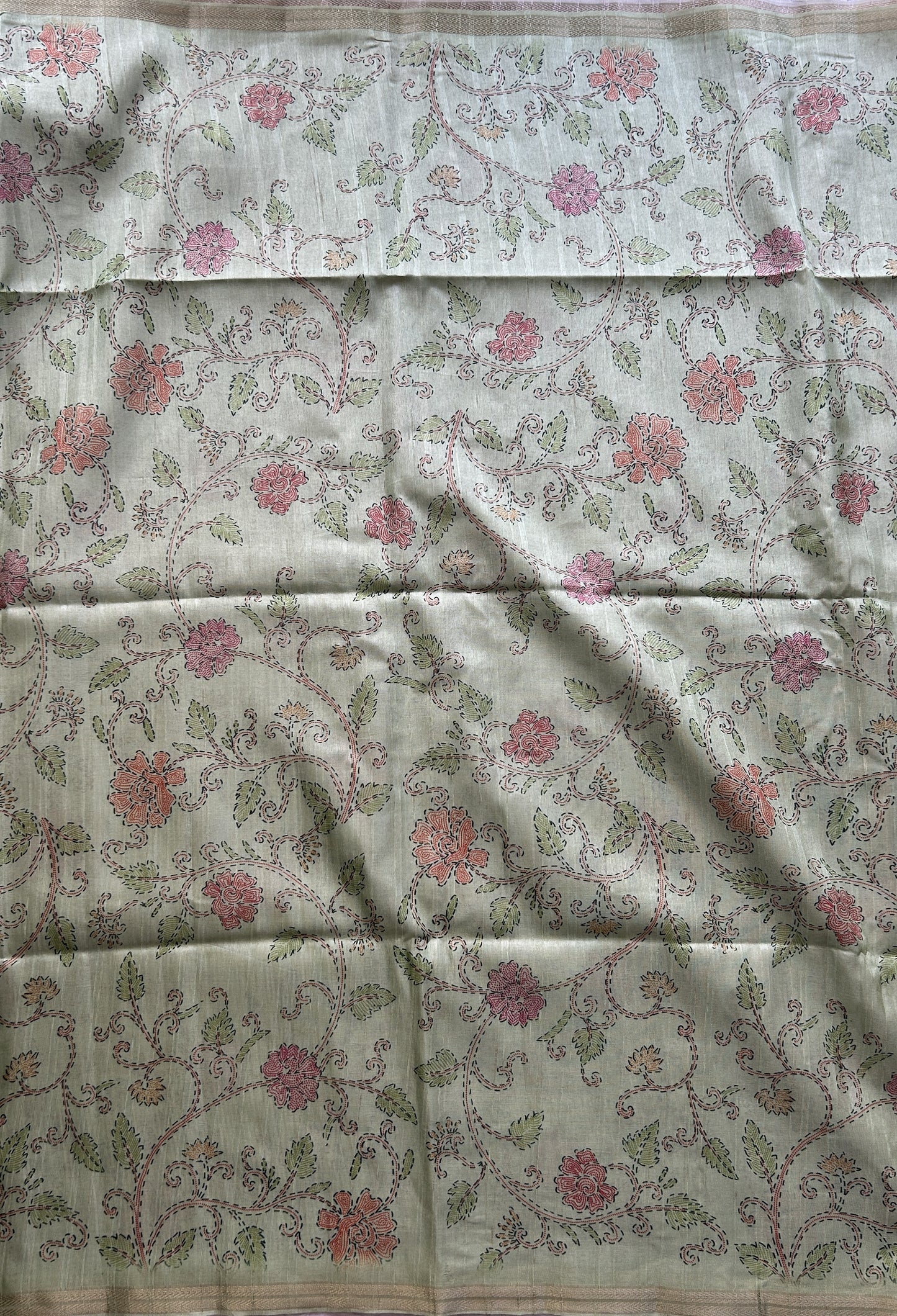 Semi Tussar Saree Colored Parrot Green Complemented with a Zari Border. - Sampradaya Designer Studio