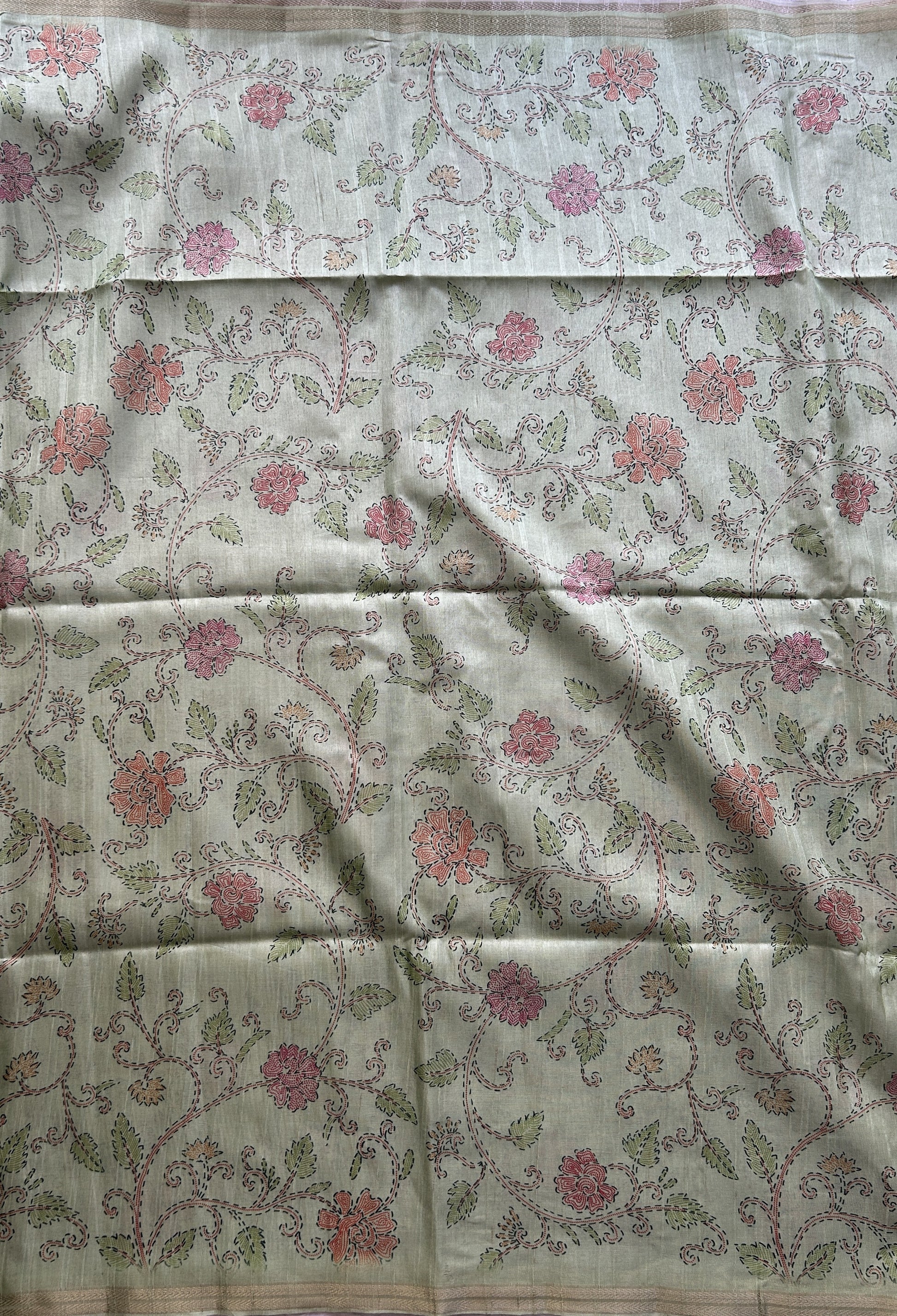 Semi Tussar Saree Colored Parrot Green Complemented with a Zari Border. - Sampradaya Designer Studio
