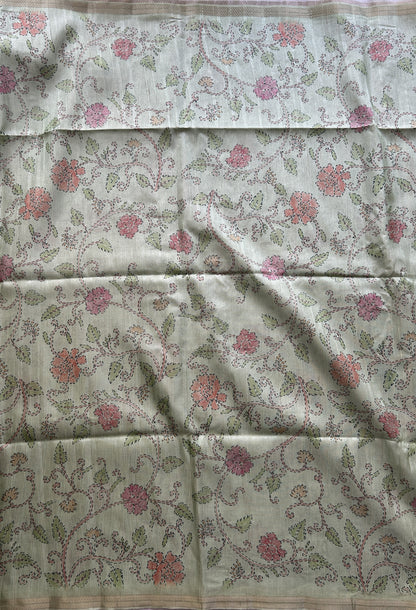 Semi Tussar Saree Colored Parrot Green Complemented with a Zari Border. - Sampradaya Designer Studio