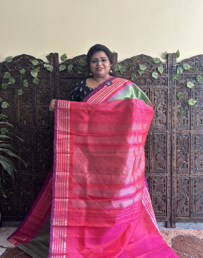 Gadwal Silk Saree Light Green Colored Complemented With a Pink Zari Border - Sampradaya Designer Studio