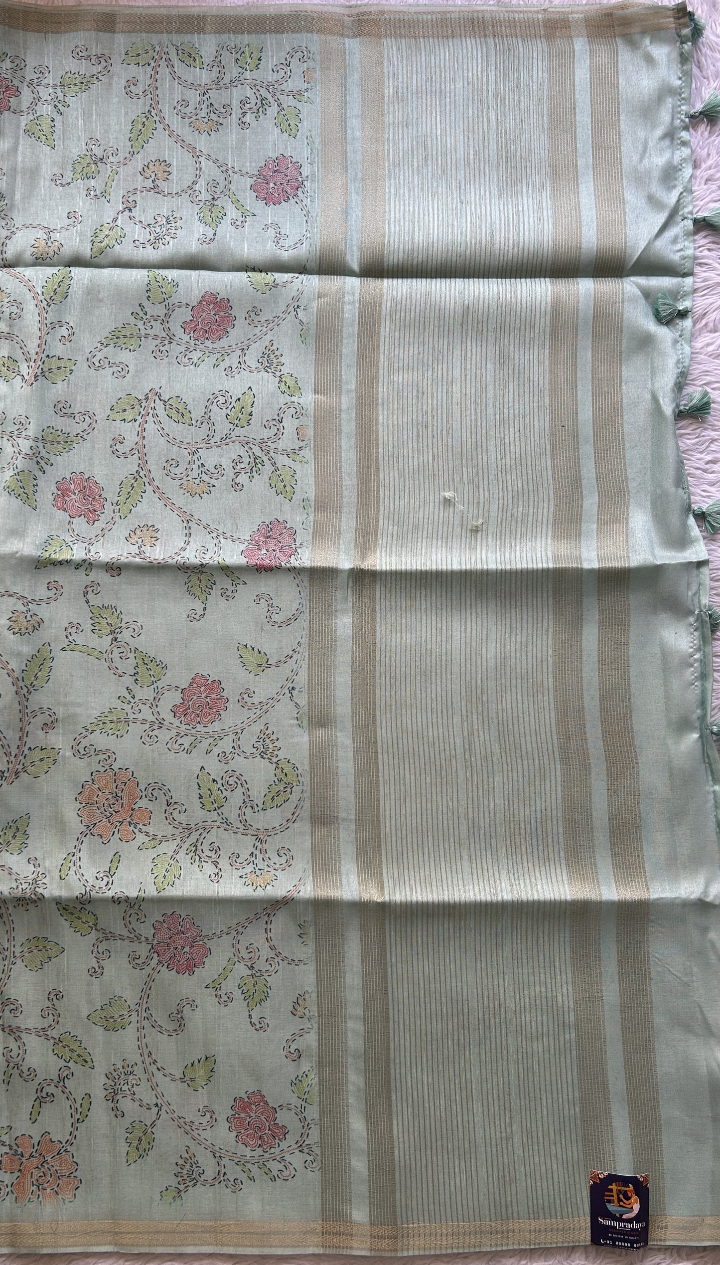 Semi Tussar Saree Colored Light Sea Blue Complemented with a Zari Border. - Sampradaya Designer Studio