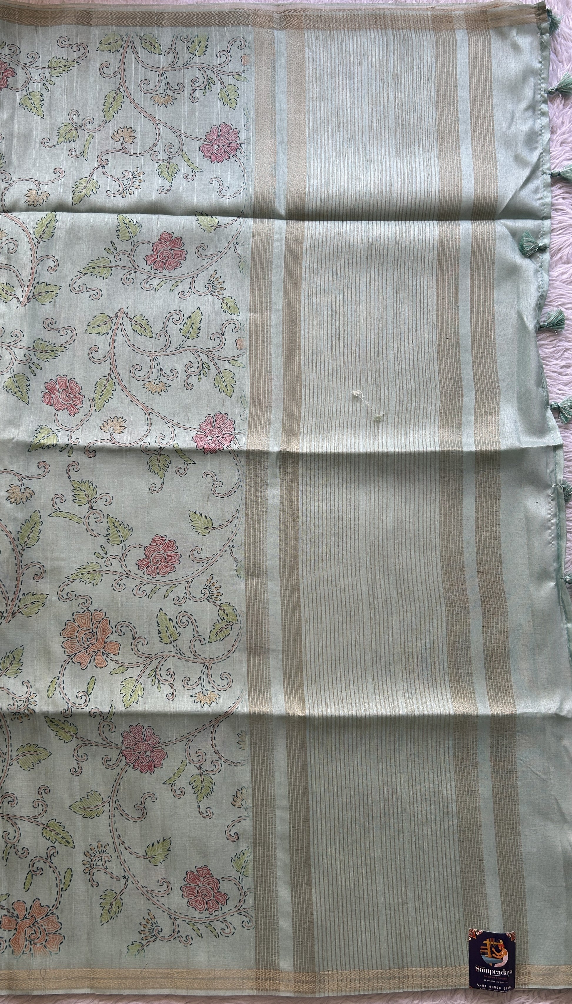 Semi Tussar Saree Colored Light Sea Blue Complemented with a Zari Border. - Sampradaya Designer Studio